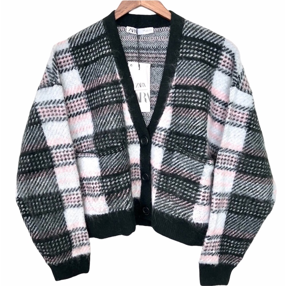 Zara Black, Pink & White Plaid Cardigan